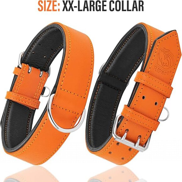 Riparo Motorsports Other - Orange Leather Dog Collar - Padded Heavy Duty Wide Dog Collar for Medium